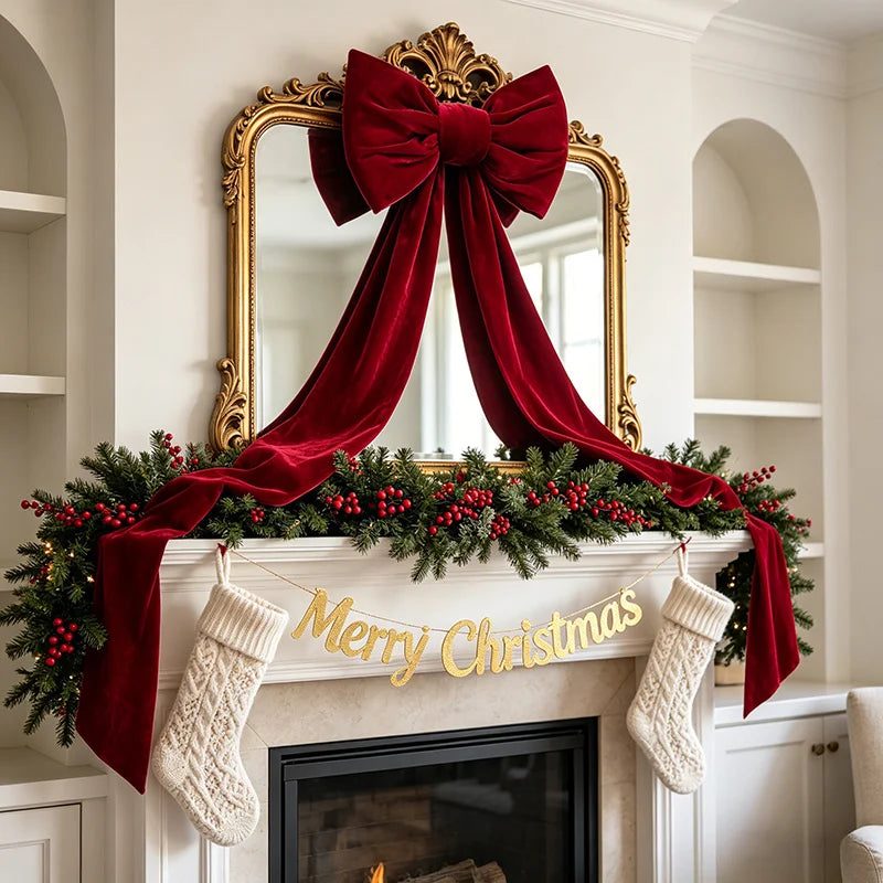 Large Red Velvet Bow Christmas Tree Topper, Velvet Texture Bow Suitable for Christmas Trees/Door Front/Porch/Window Front