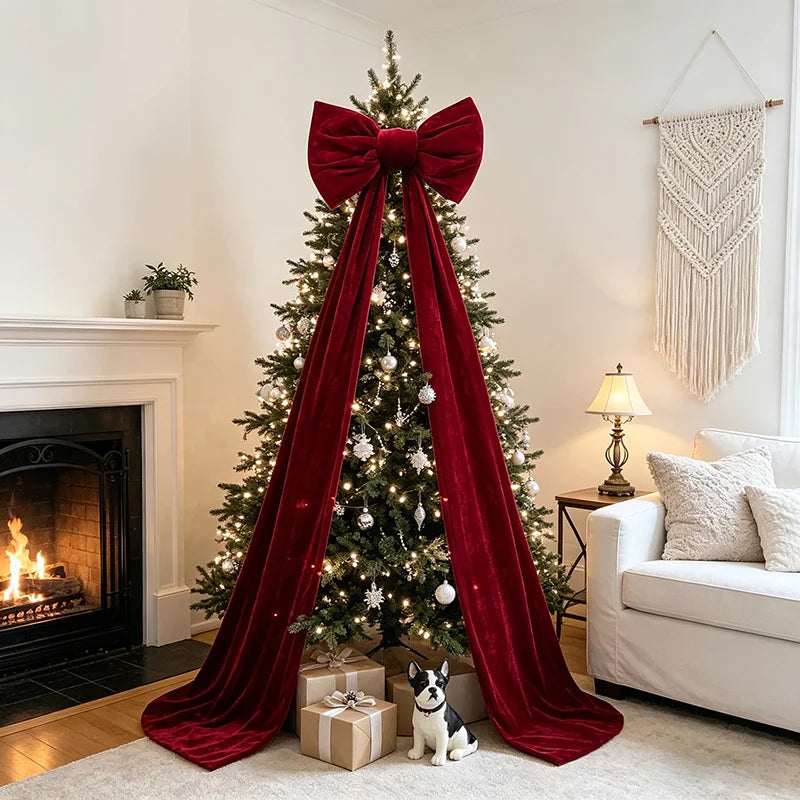 Large Red Velvet Bow Christmas Tree Topper, Velvet Texture Bow Suitable for Christmas Trees/Door Front/Porch/Window Front