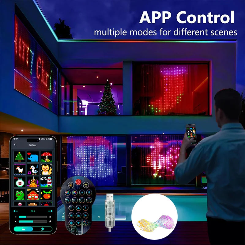 Christmas Smart Curtain Lights, RGBIC String Lights with App Control, Music Sync, DIY Patterns and Timer for Window Party Decor
