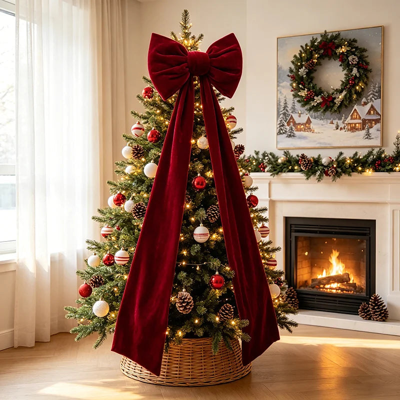 Large Red Velvet Bow Christmas Tree Topper, Velvet Texture Bow Suitable for Christmas Trees/Door Front/Porch/Window Front