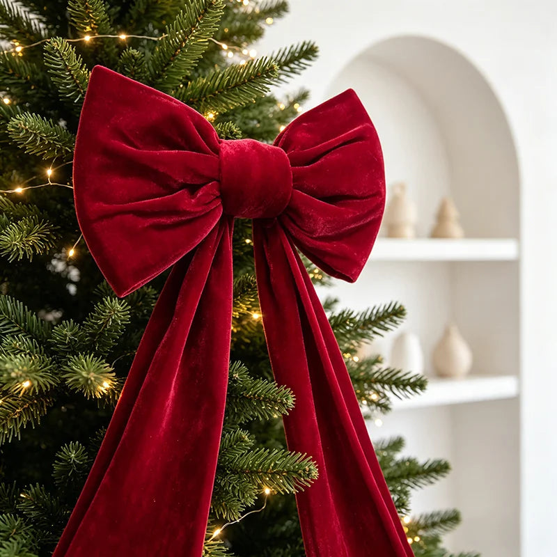Large Red Velvet Bow Christmas Tree Topper, Velvet Texture Bow Suitable for Christmas Trees/Door Front/Porch/Window Front