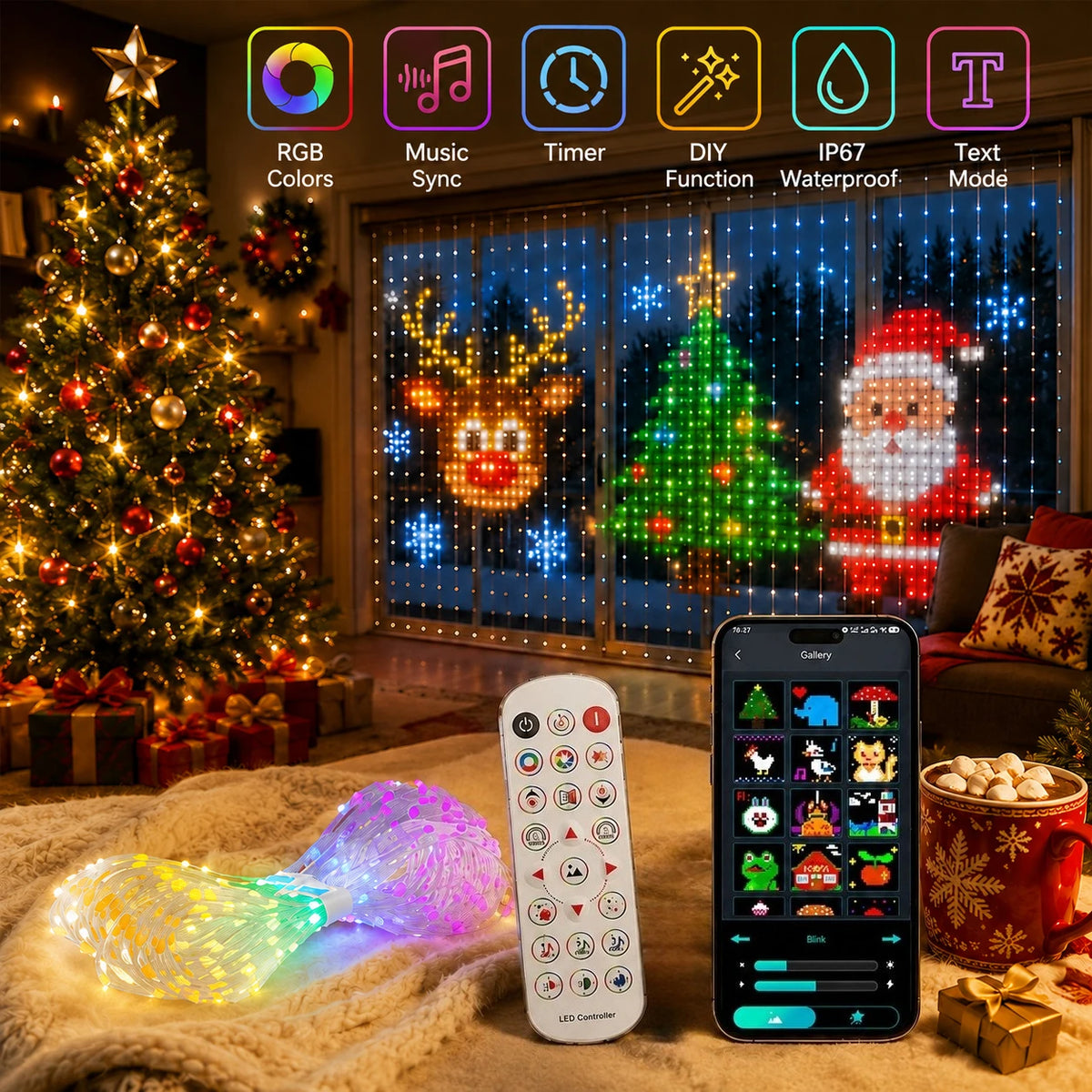 Christmas Smart Curtain Lights, RGBIC String Lights with App Control, Music Sync, DIY Patterns and Timer for Window Party Decor